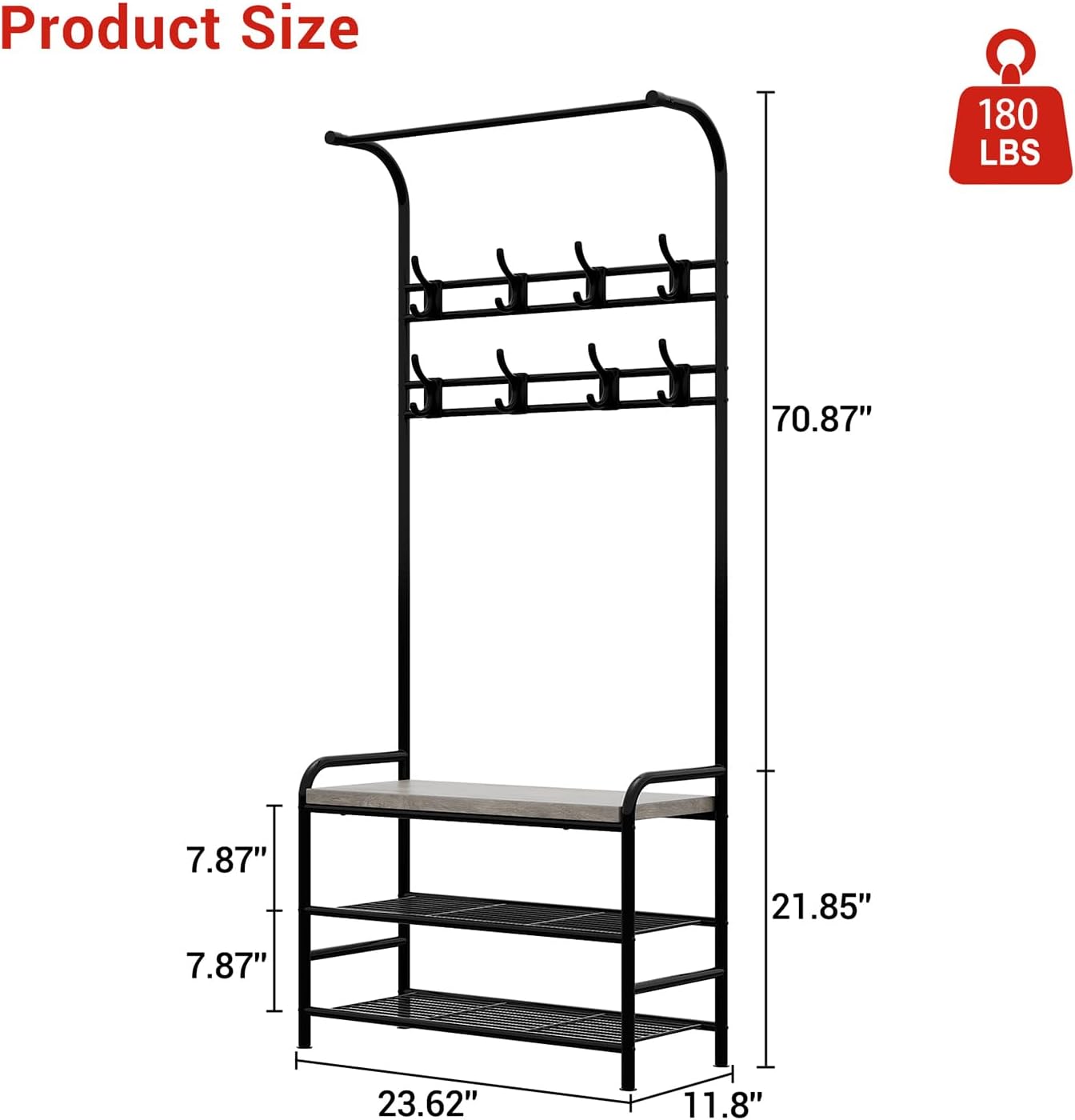 GarveeHome Hall Tree Shoe Bench, 4 in-1 Industrial Entryway Storage Bench with 8 Sturdy Hooks, Freestanding Coat Rack for Small Spaces, Apartments, Retro Gray