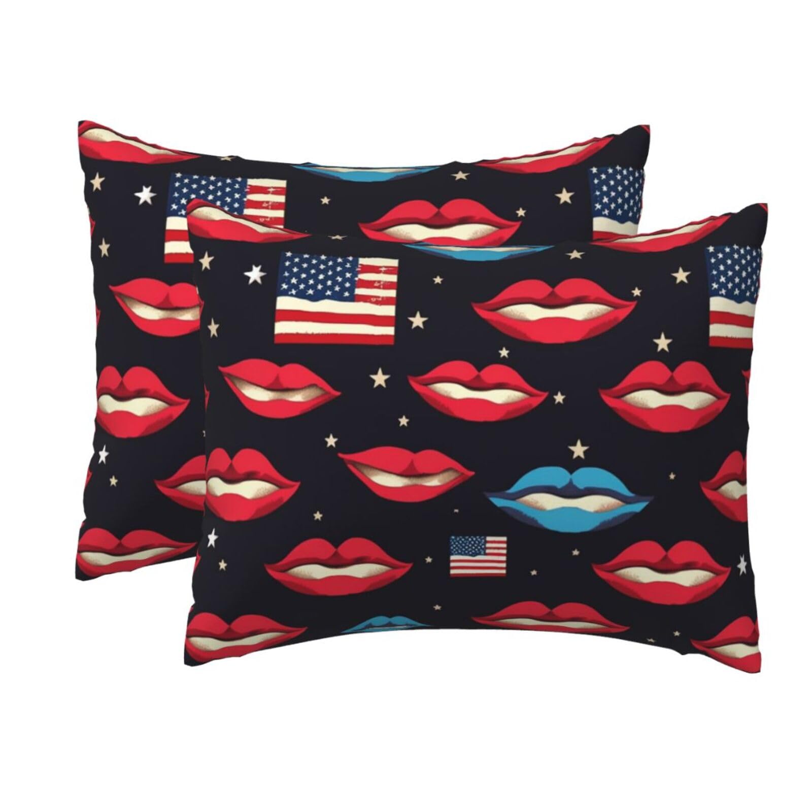 2 Pack Standard Size Pillow Cases for Hair and Skin Soft Breathable Pillow Case Covers with Hidden Zipper American Flag Lips Pillowcase 20x26 Inches Pillow Cover for Sleeping Gift