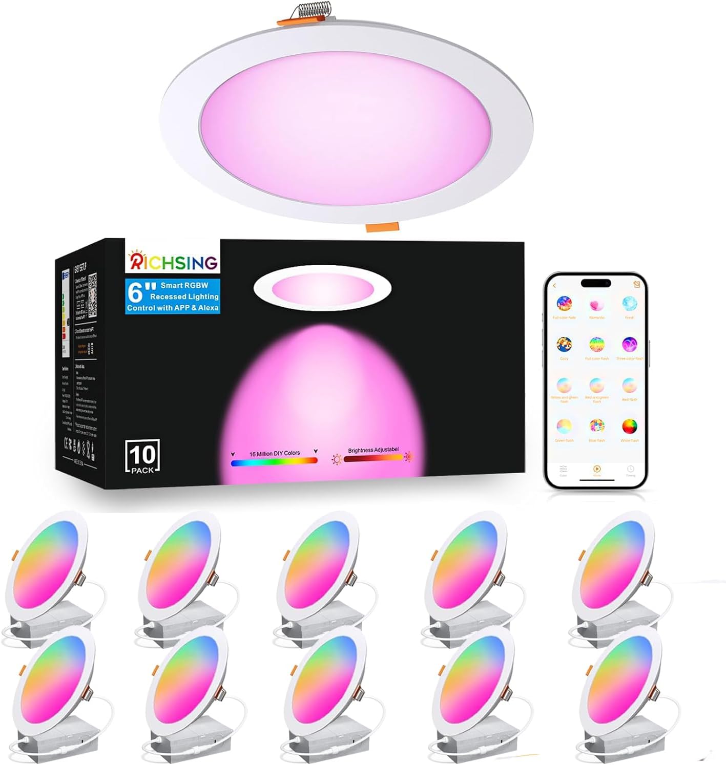 10 Pack LED Recessed Lighting 6 inch, RGBCW Recessed Ceiling Lights Compitable with Alexa, 2700K-6000K Dimmable 1350LM LED Recessed Lights with Junction Box, 16 Million Colors, Timer
