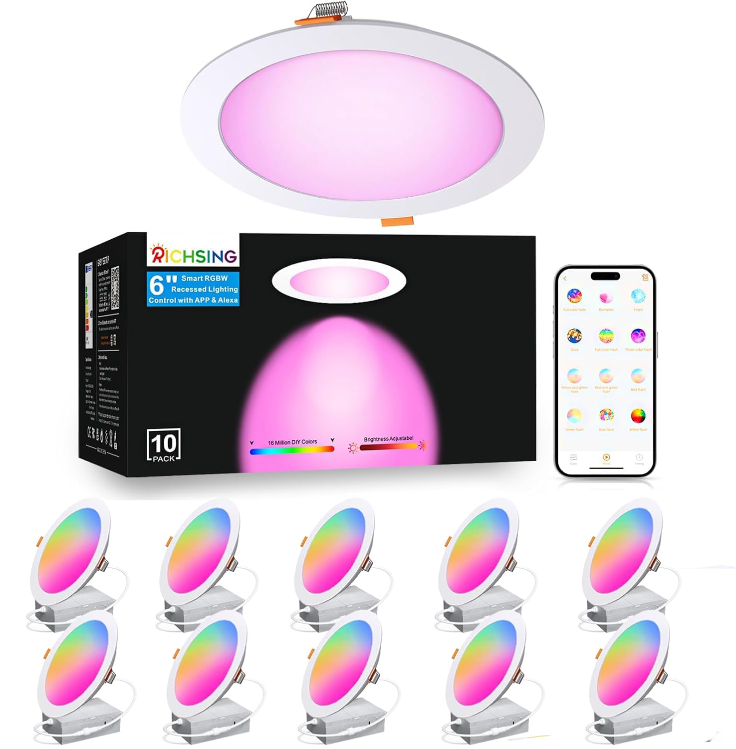 10 Pack LED Recessed Lighting 6 inch, RGBCW Recessed Ceiling Lights Compitable with Alexa, 2700K-6000K Dimmable 1350LM LED Recessed Lights with Junction Box, 16 Million Colors, Timer