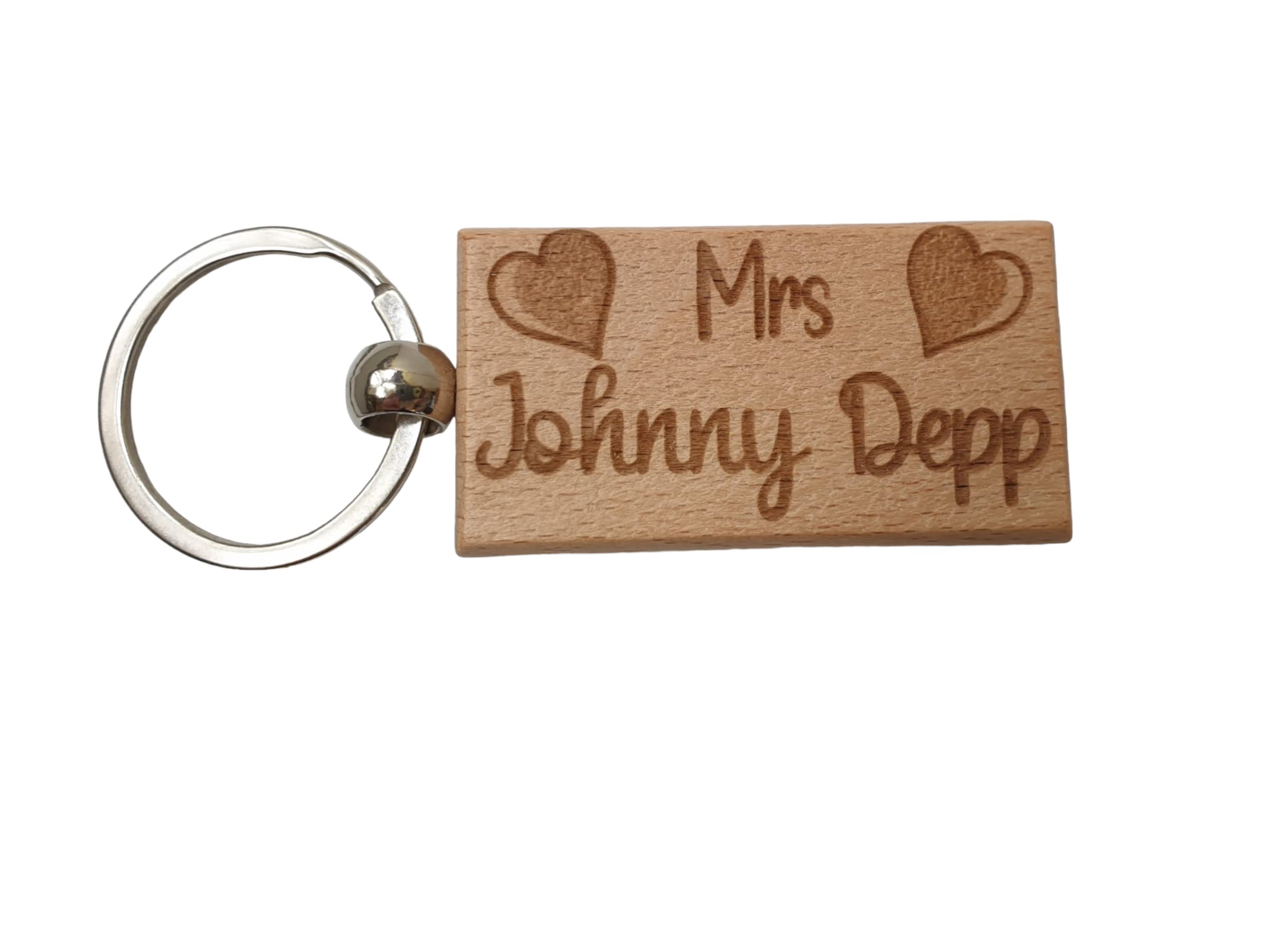 Decalarama Brown Mrs Johnny Depp Keyring Gift - Engraved Wood Movie Fan Birthday Fun Cute Novelty Present, S