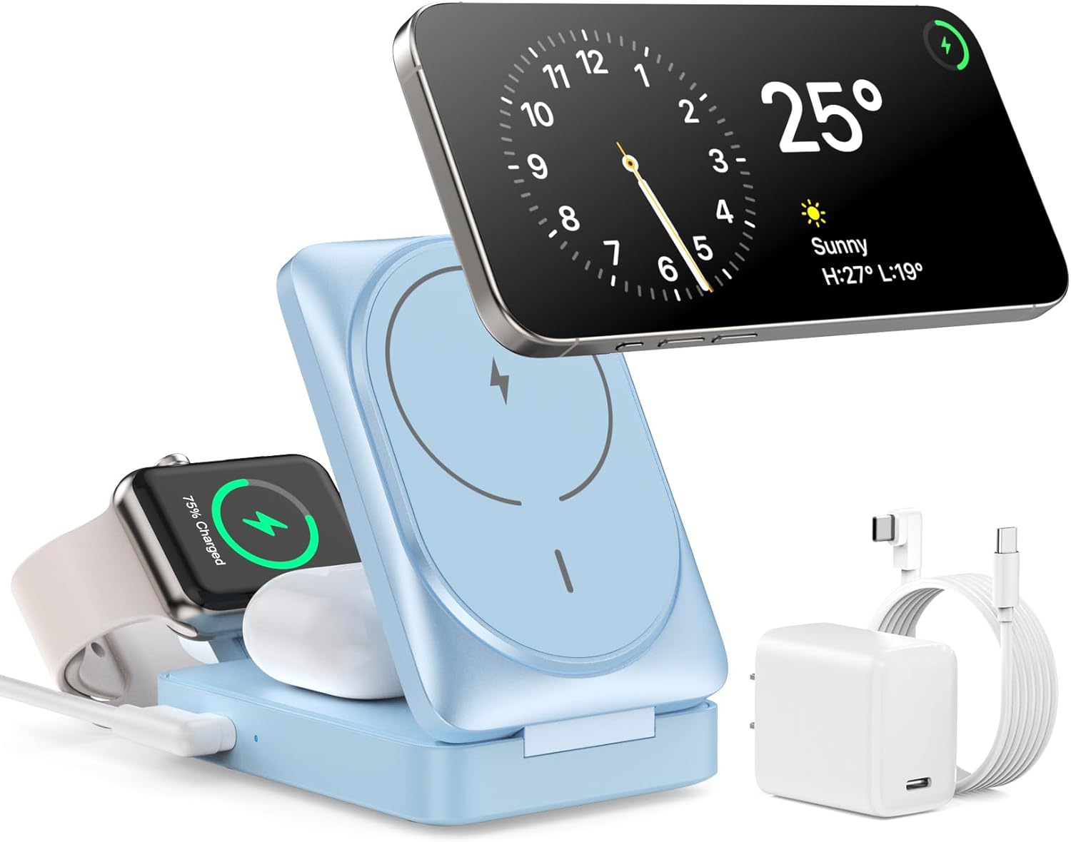 3-in-1 Wireless Charger Charging Station for iPhone, Certified 15W Fast Charging Foldable Magnetic Charger Stand with 30W USB C Adapter for MagSafe iPhone 16/15, Apple Watch, AirPods (Light Blue)