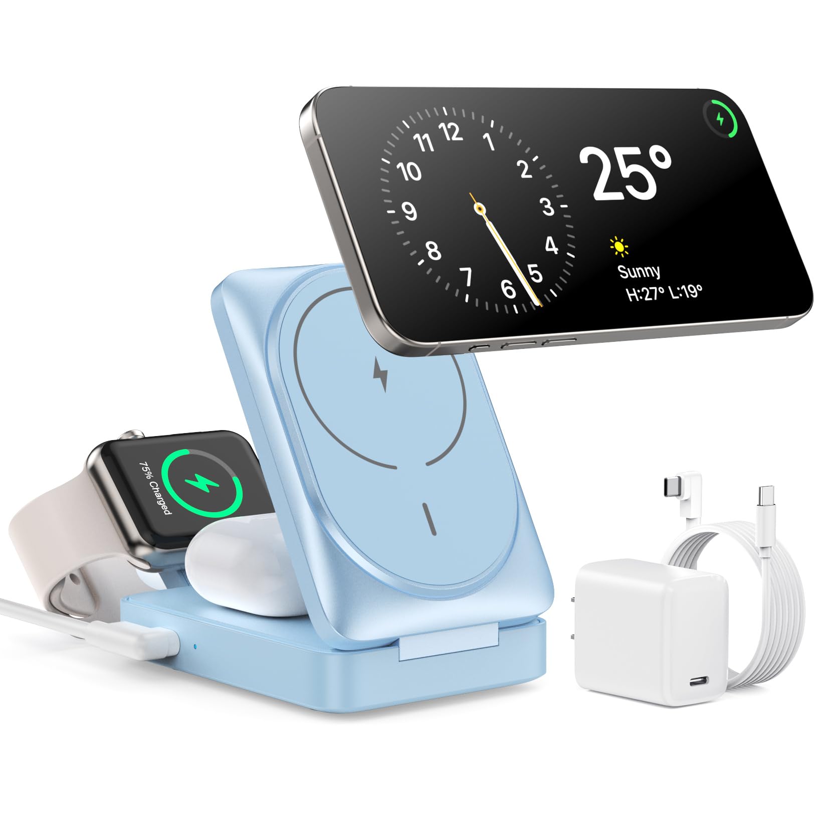 3-in-1 Wireless Charger Charging Station for iPhone, Qi2 Certified 15W Fast Charging Foldable Magnetic Charger Stand with 30W USB C Adapter for