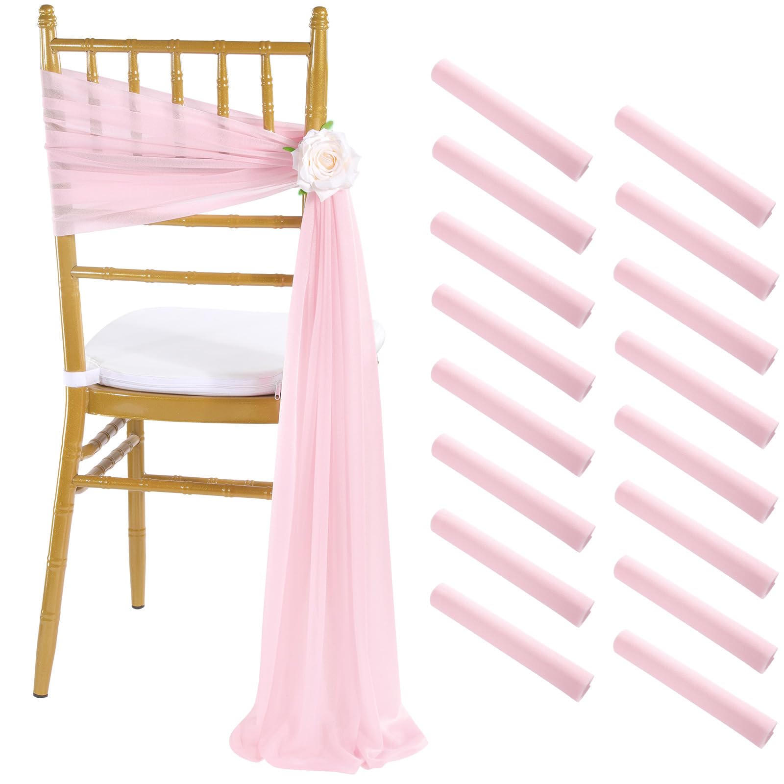 Pink Chair Sashes 16 Pieces 240cm Long Chair Bows Sashes Sheer Tulle Flowy Fabric for Wedding Aisle Chairs Decoration