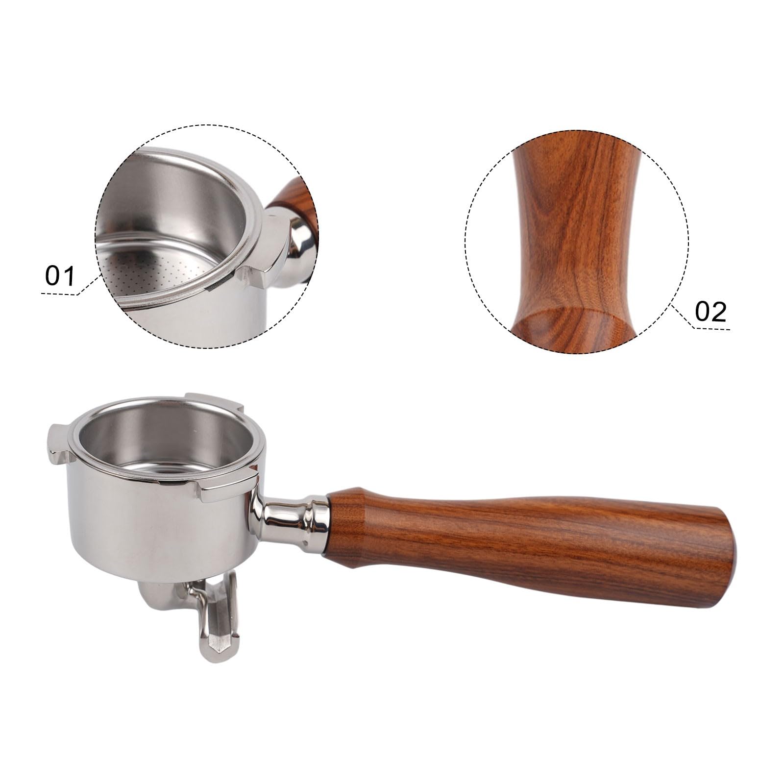 Portafiltro da 51 mm con doppio beccuccio e manico in legno massello, cestino non pressurizzato a 3 orecchie per macchina da espresso, in acciaio inossidabile