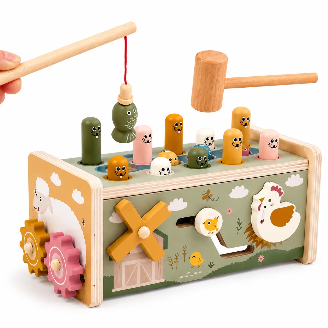 Montessori - Juguete de madera para niños a partir de 2 años, 7 en 1, juego de martillo con imán de pesca, juguete de habilidades motoras de madera, juguete educativo para niños pequeños
