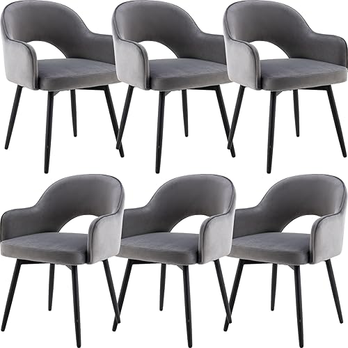 Miniatura 8 de Juego de 2 sillas de comedor giratorias modernas, cómodas sillas laterales tapizadas de tela de terciopelo con respaldo hueco, patas de metal negro