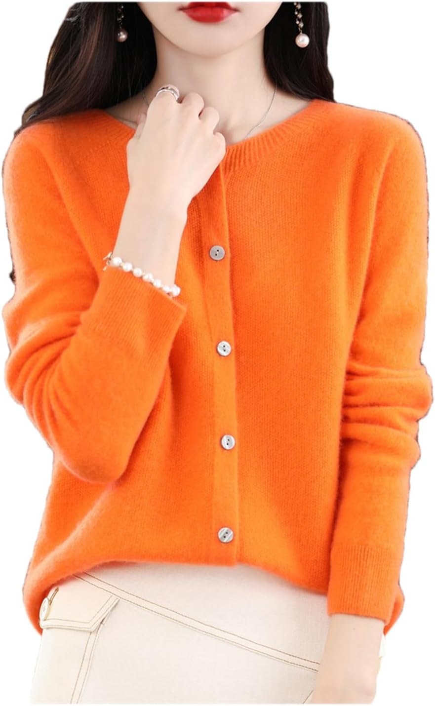 Cardigan In Lana Merino Australiana 100% - Maglione Sottile Girocollo Per Donna, Autunno/Inverno