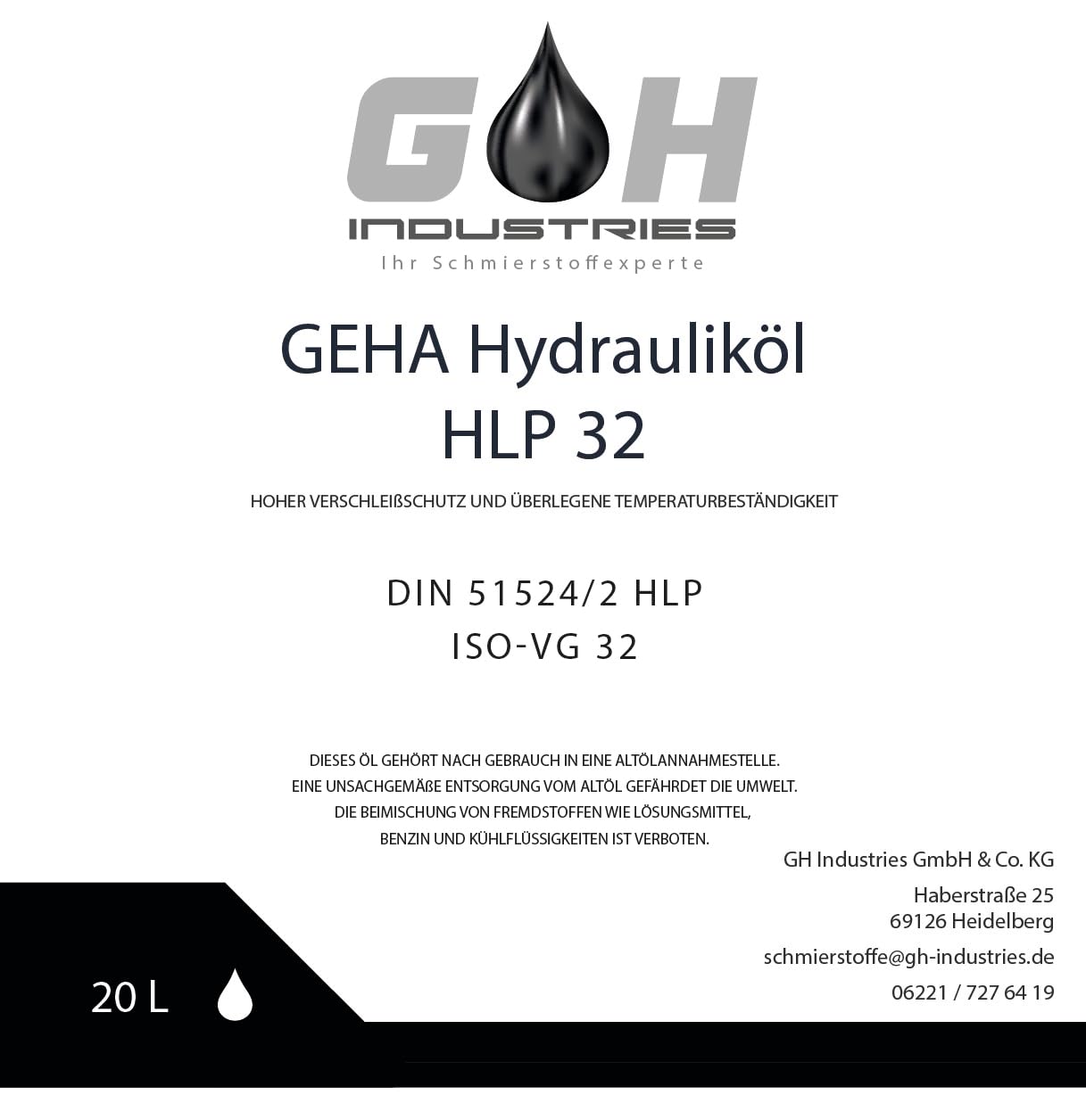 20 L Hydrauliköl HLP 32 ISO VG 32 nach DIN 51524/2 HM GEHA Kanister 20 Liter