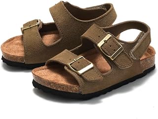 dubuto Kids Toddlers Cork Sandals Adjustable Double Buckle for Boys Girls | Genuine Leather Summer Slides for Kids Toddler Boys Girls Arch Support Cork Footbed Non Slip Open Toe Breathable Beach Shoes
