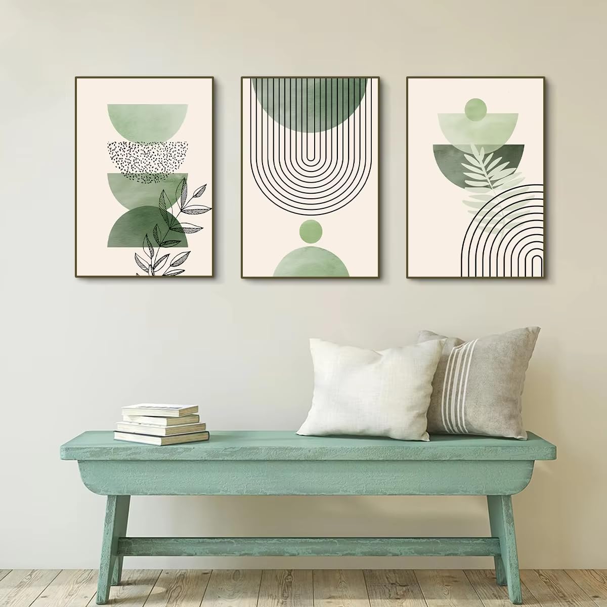 IHHGNB Boho szałwia zielone liście geometryczny plakat na płótnie minimalistyczny abstrakcyjny obraz ścienny do dekoracji wnętrz (50 x 65 cm 20 x 26 cali bez ramki)