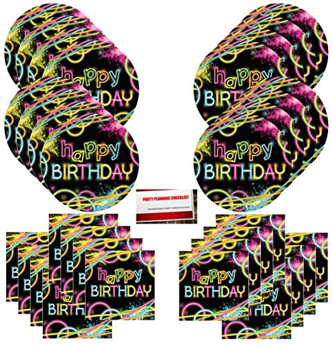 Glow Birthday Party Supplies Bundle Pack for 16 (Plus Party Planning Checklist by Mikes Super Store)