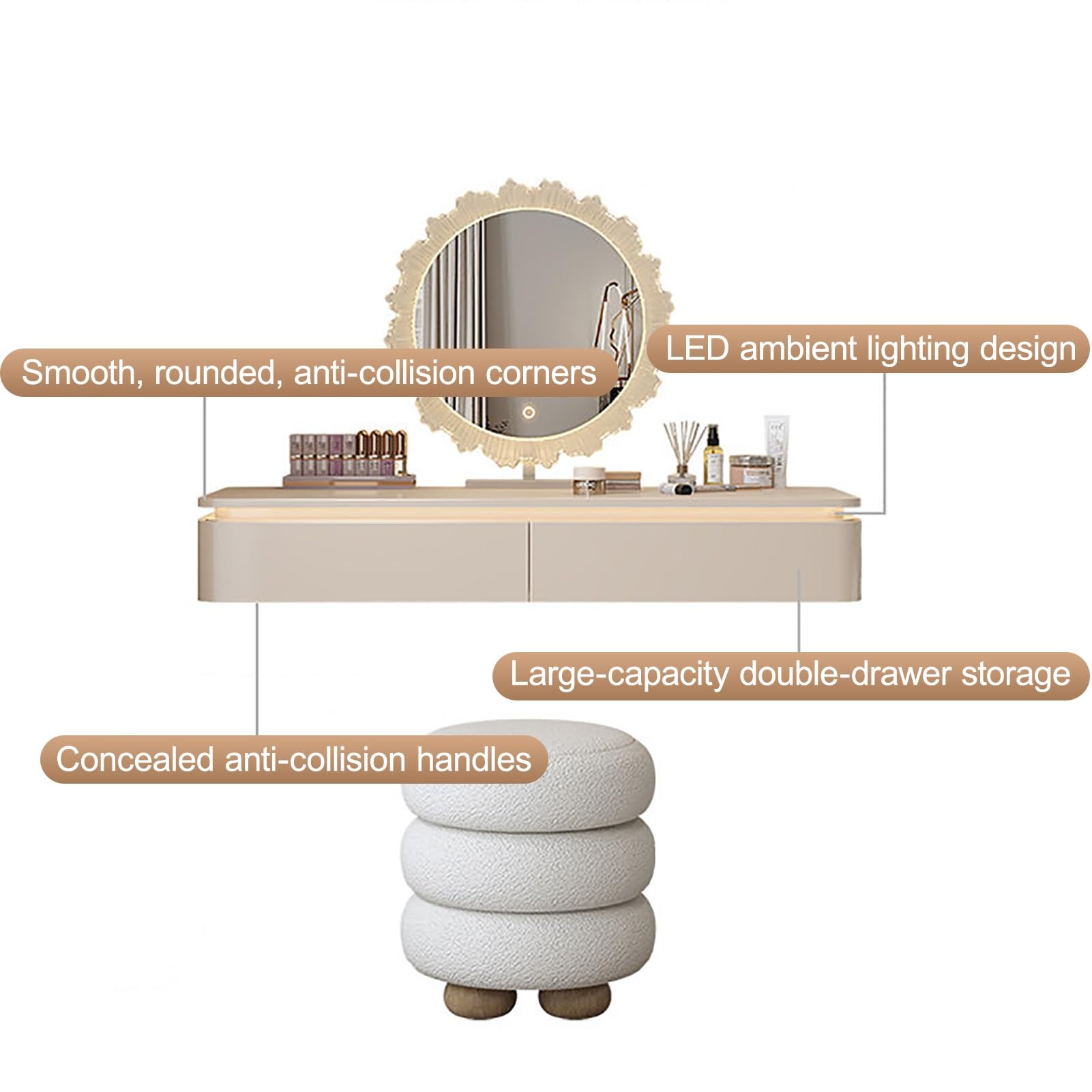 Tavolo da Trucco a Parete con vano portaoggetti, per organizzare Trucchi e Gioielli, con Luce LED a sensore, Ideale per Camera da Letto, Soggiorno e Ufficio (Nero, 80 cm/31,5 Pollici)