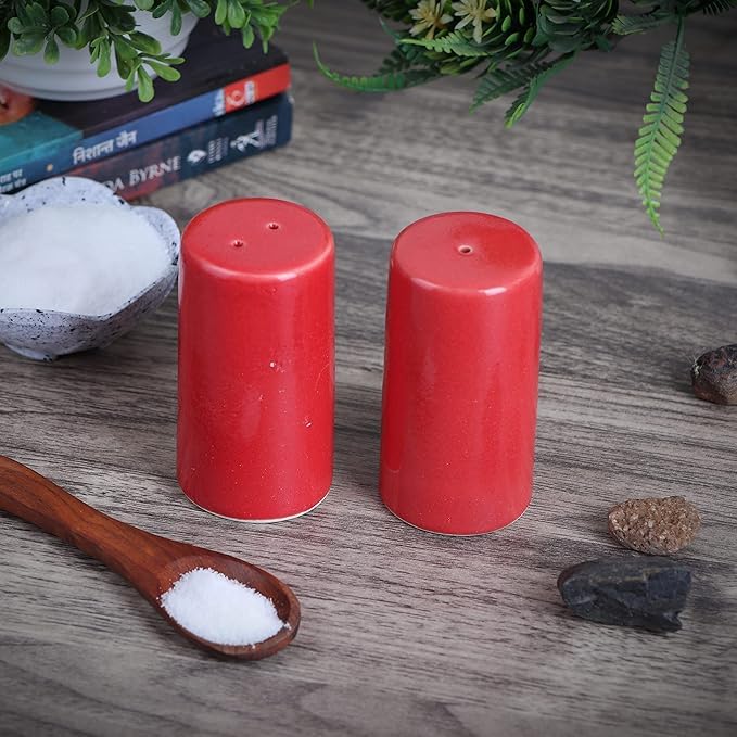 Image of QIMACPLUS Handcrafted Ceramic Salt and Pepper Shaker Set | Perfect Pour Holes for Kitchen, Dining Table, Picnic, Office, Restaurant, and Hotel | Set of 2 (Red)