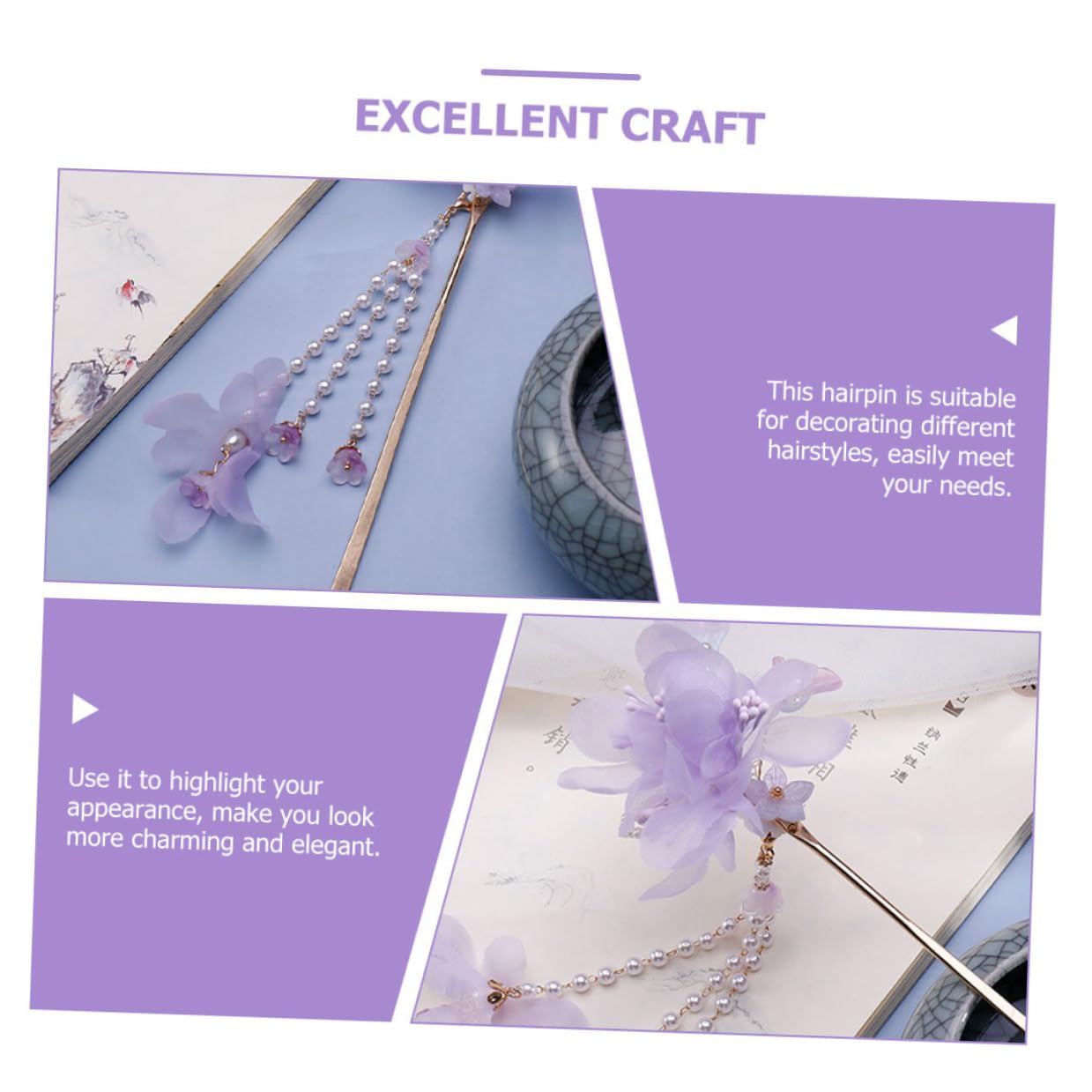 Vintage Purple Dangle Flower Hair Stick for Long Hair and Buns 1pcs Silk Tassel Chinese Style for Women image 3