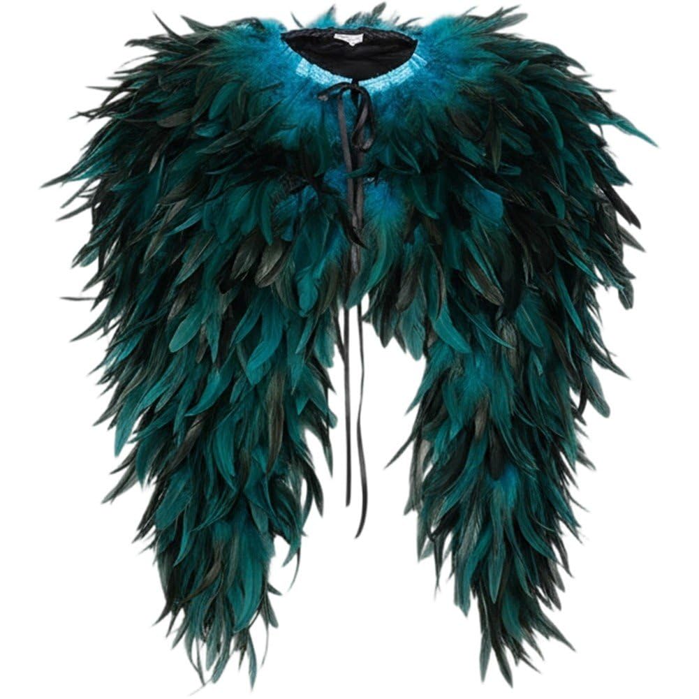 Mantello Gotico con Piume, Scialle, Poncho con Piume, Colletto, Mantello, Stola, Colletto Allacciato, Sciarpa, Scialle, Avvolgente, Colletto, Costume di Halloween