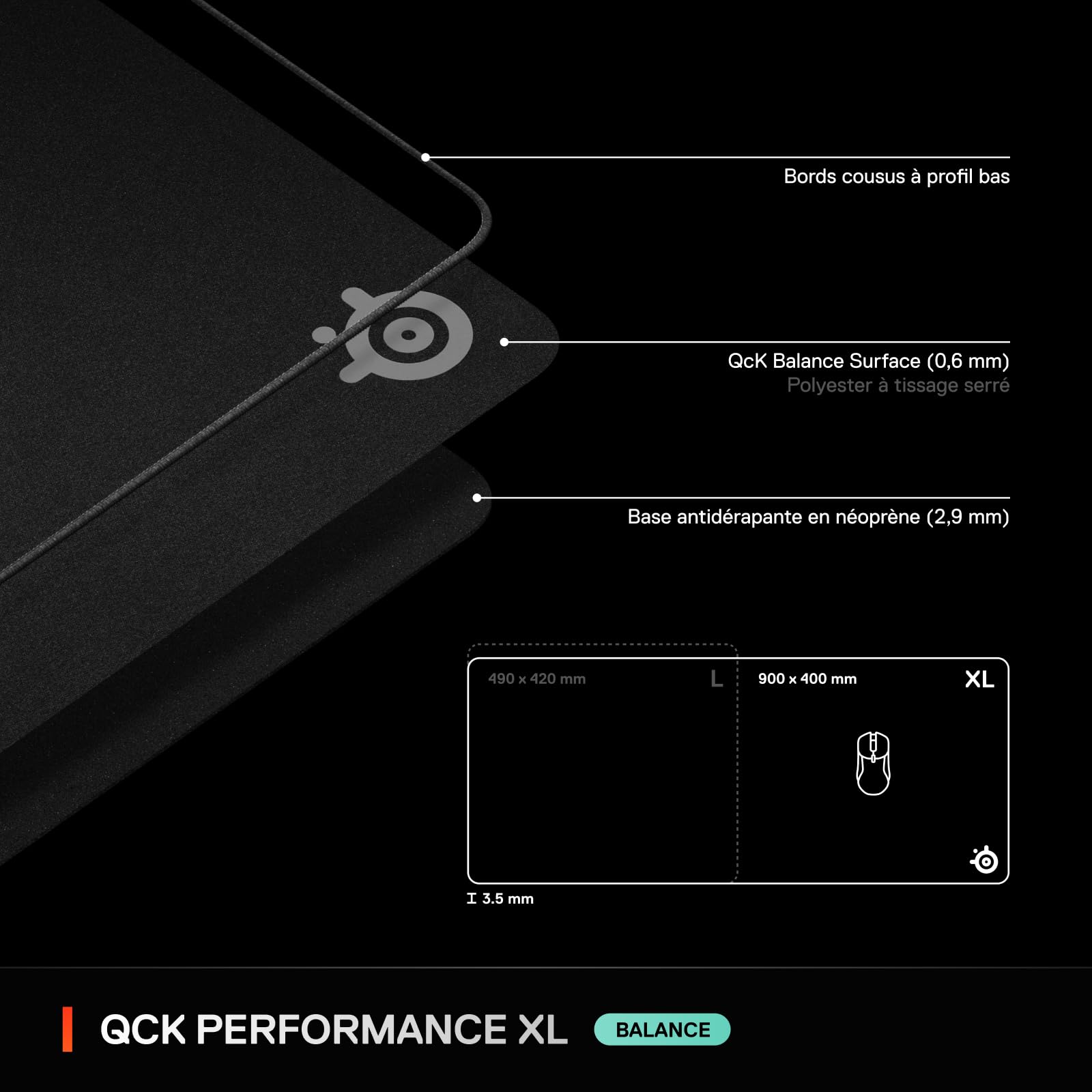 SteelSeries tapis de souris gaming QcK XL Performance Balance - Densité élevée pour une glisse fluide - Bords cousus à profil bas - Base antidérapante en néoprène - Taille 900 x 400 mm -FPS, MOBAs,RTS