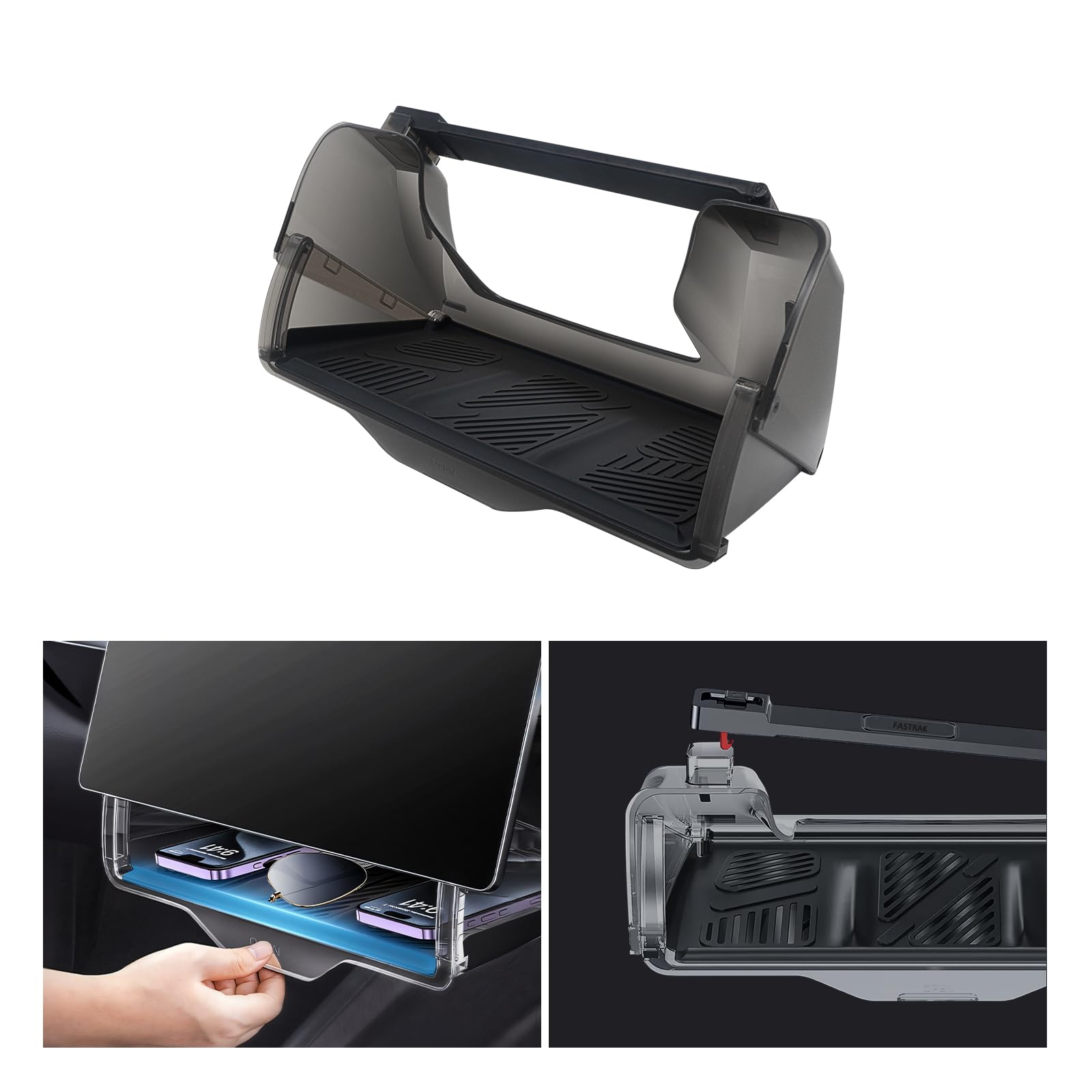 CLOUDMALL Under Screen Storage for Tesla Model Y/3 (2016-2024), Open and Close Hideable Center Console Organizer Tray with Black Anti-Slip Silicone Pad for Model Y 3, Tesla Interior Accessories