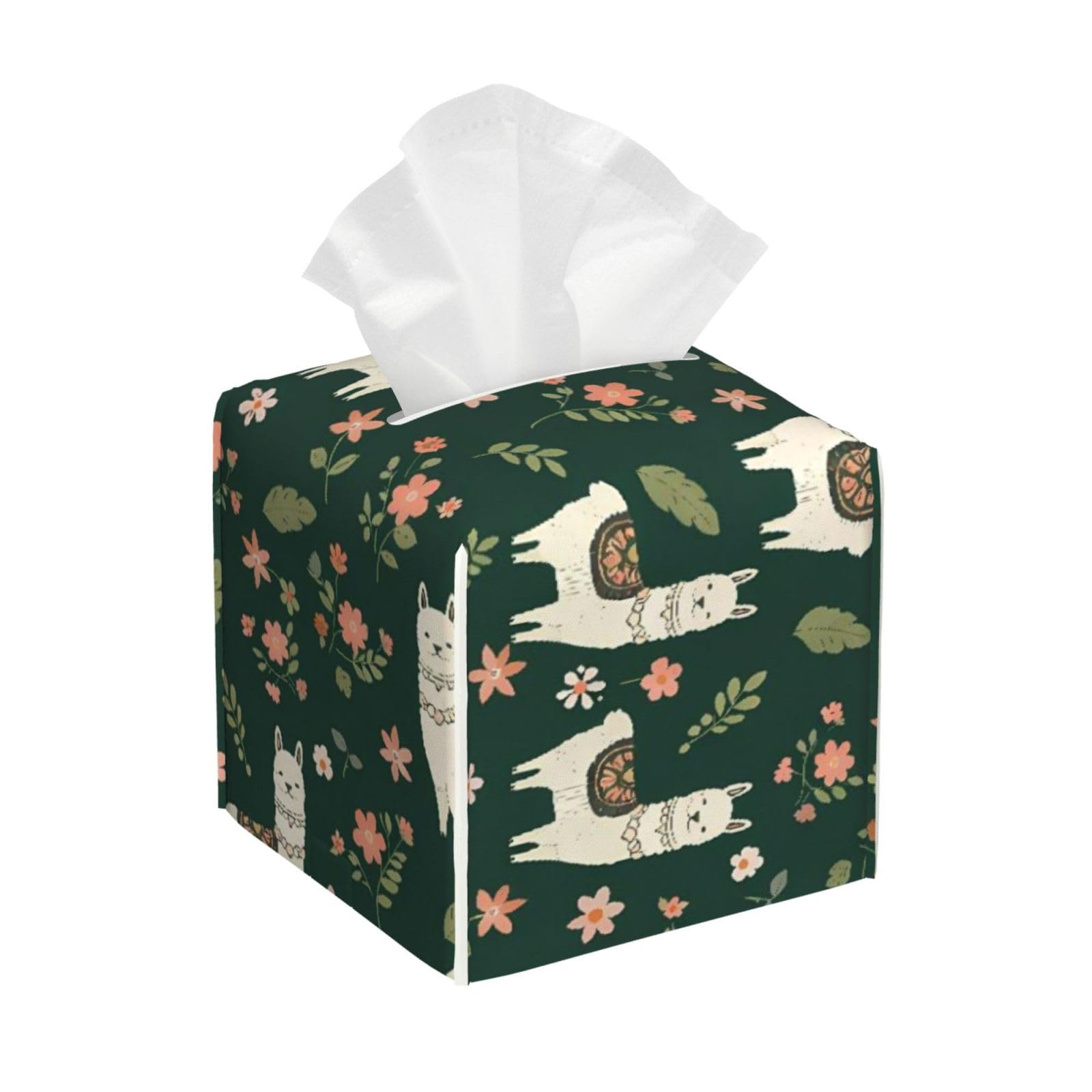 Alpaca Botanical Boho Bohemia Llama Leather Tissue Box Cover Holder Square Facial Paper Organizer 5.2" X 5.2" X 5.2"