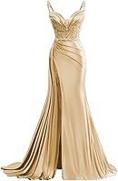 WWOM V Neck Satin Prom Dress 2026 Mermaid Lace Evening Gown Long Slit Pleated Bodycon Formal with Tail