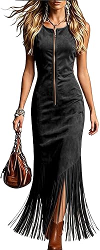 Fringe Western Dress for Women Zip Ankle Length Cowgirl Dresses with Tassel | Faux Suede Dress, Country Concert Outfit, Country Dresses to Wear with Boots, Sleeveless Tank Top Style