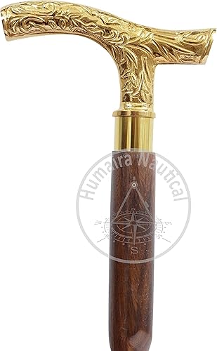 Miniatura 2 de Bastón unisex de 37 pulgadas de ébano marrón con mango en T de latón, acabado de madera natural