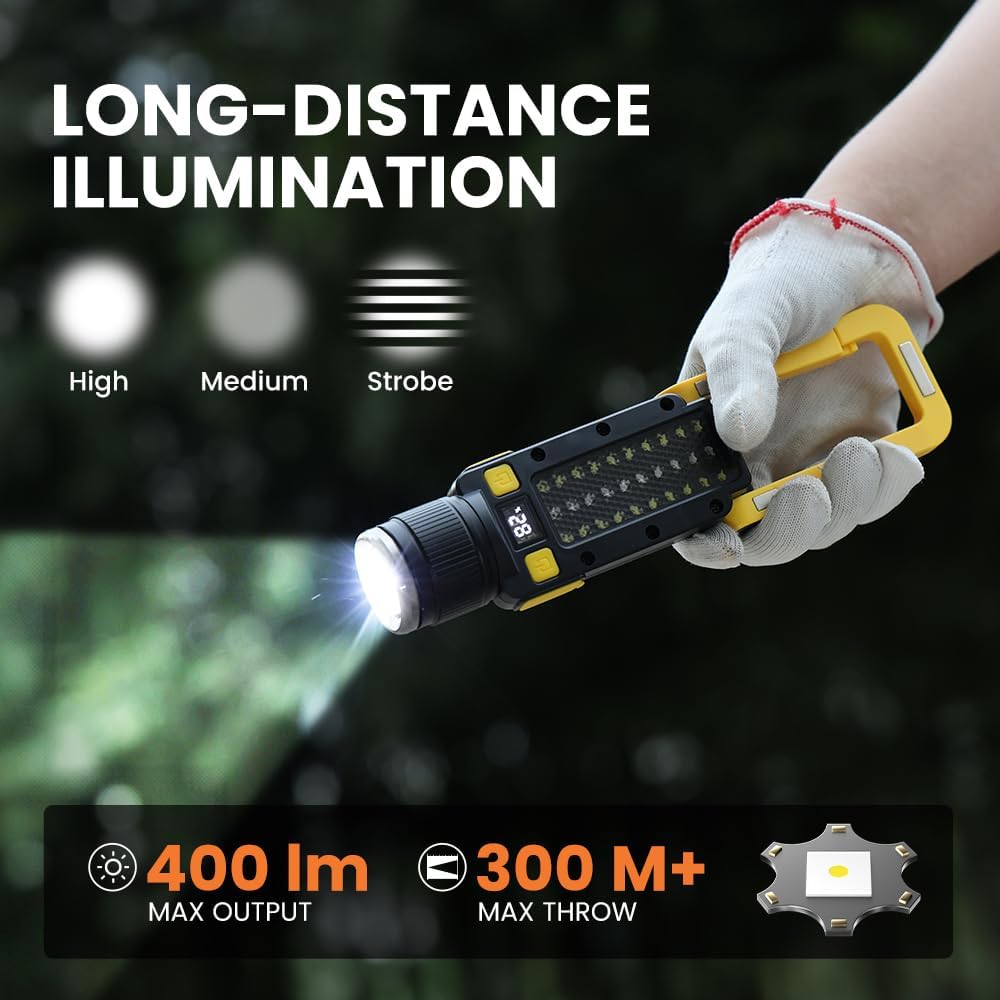 Rechargeable LED Magnetic Work Light, Portable Work Lights, 7 Flashlight Modes with 360° Rotating Hook and Carabiner, USB Charging for Camping, Hunting, and Car Repairs(2 Packs)