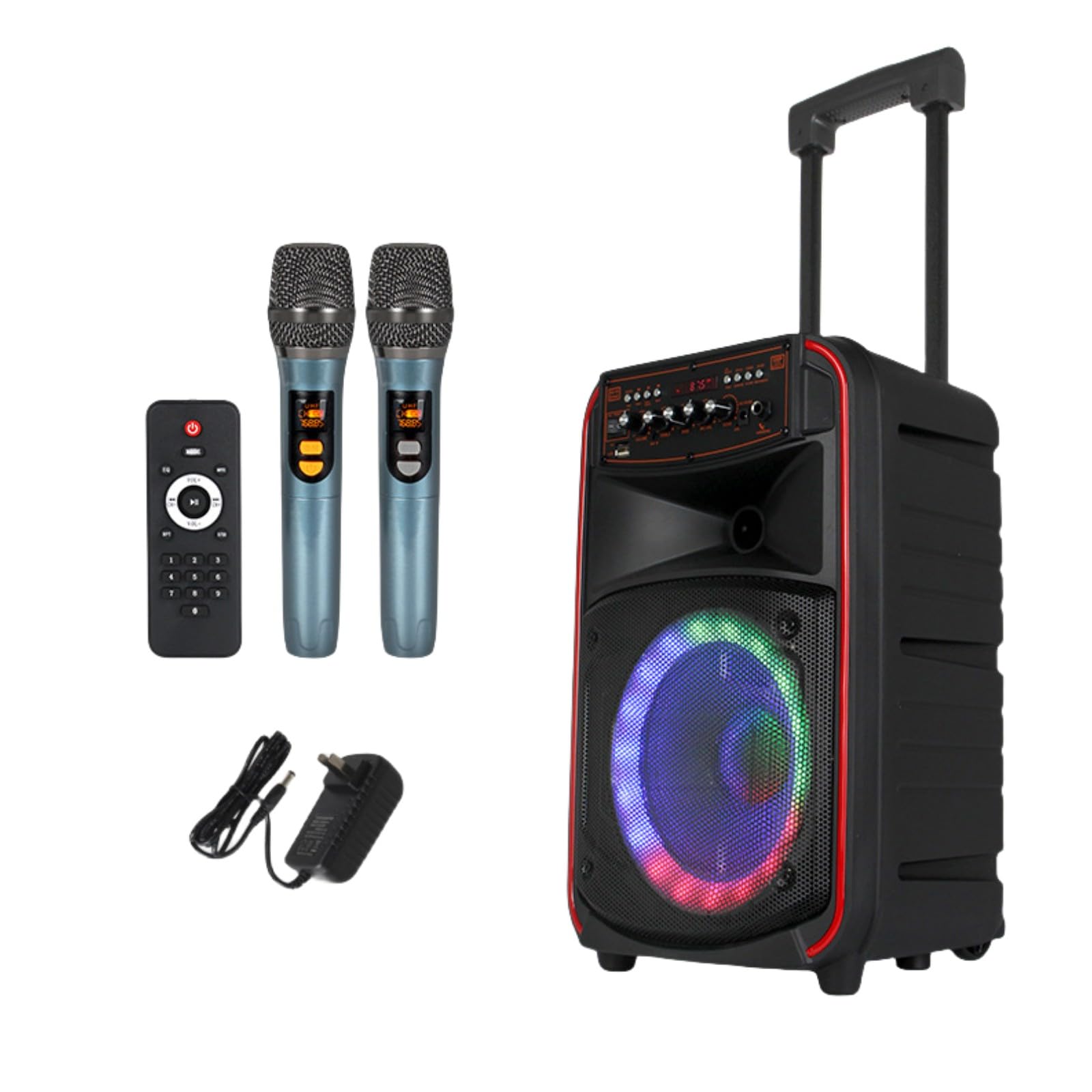 Macchina karaoke Bluetooth con subwoofer, altoparlanti portatili per feste per interni ed esterni, telecomando a infrarossi, luci LED a cinque colori, per casa e viaggio