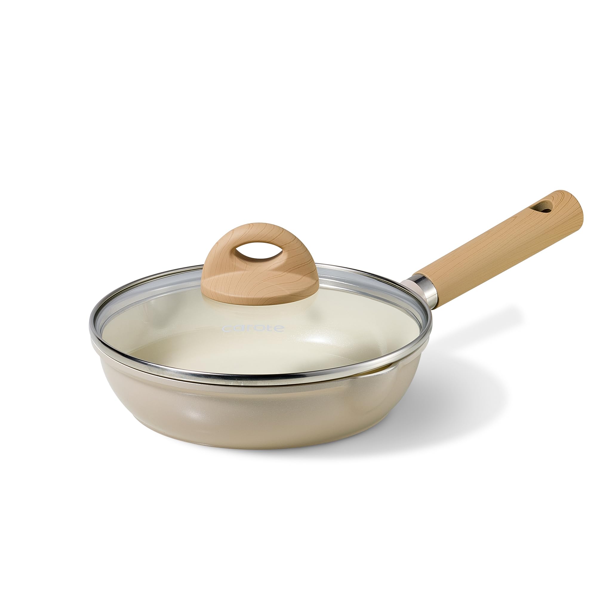 CAROTE 8" Ceramic Frying Pan with Lid, Non Stick Frying Pan Skillet Chef's Pan, Healthy & PFOA/PFAS Free, Induction-Compatible, Taupe