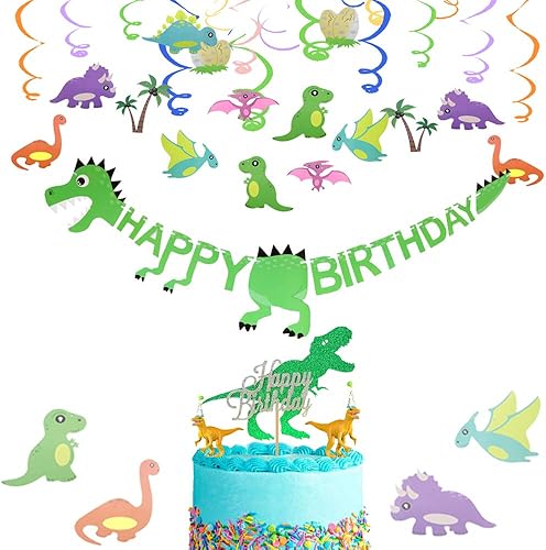 LaVenty Juego de 3 carteles de cumpleaños de dinosaurio, decoración de fiesta de cumpleaños de dinosaurio, decoración temática de dinosaurio, globos