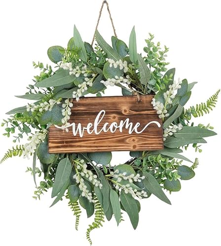 Miners2000 20 Inch Green Eucalyptus Wreath for Front Door,Handicraft Bamboo Frame with Versatile Silk Leaves-Front Door Wall Window Festival Porch Farmhouse Patio Garden Festival Celebration Decor