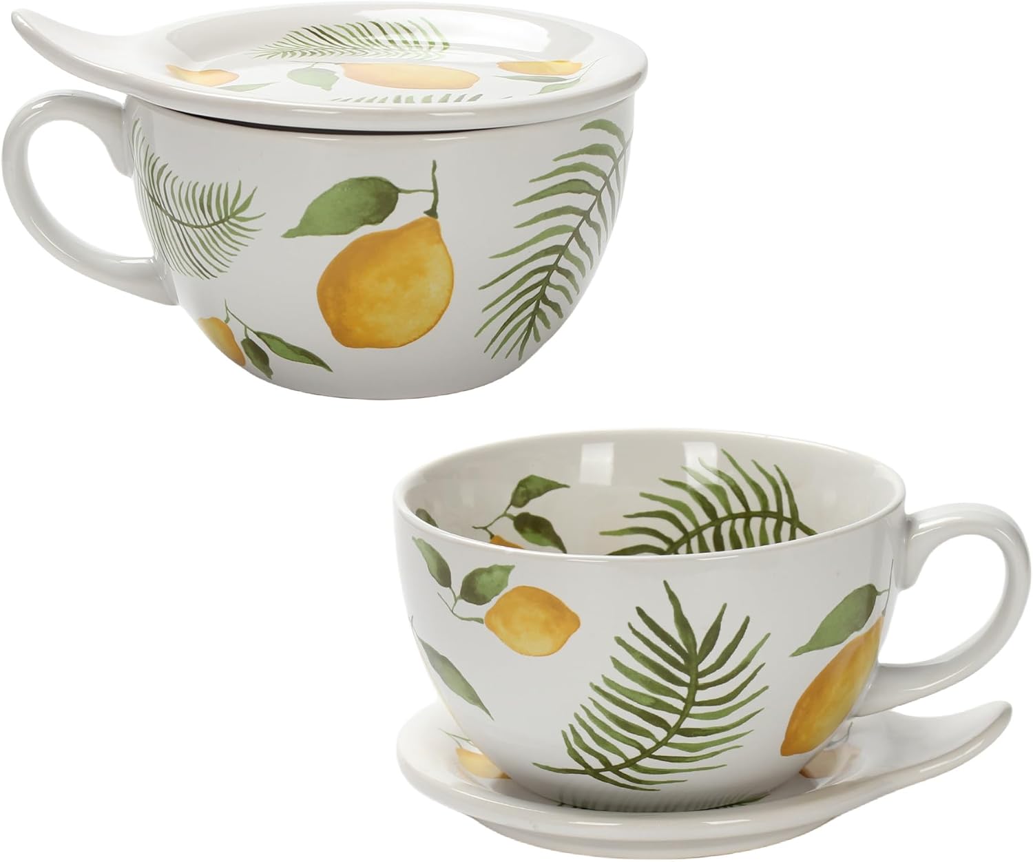 temp-tations by Tara Set of 2 Soup Bowls with Lids and Handles in Lemons and Palm - 22 Oz. Ceramic Stoneware Solo Bowls for Ramen Noodle, Oatmeal, Cereal, or Salad, Microwave Soup Cups with Handles