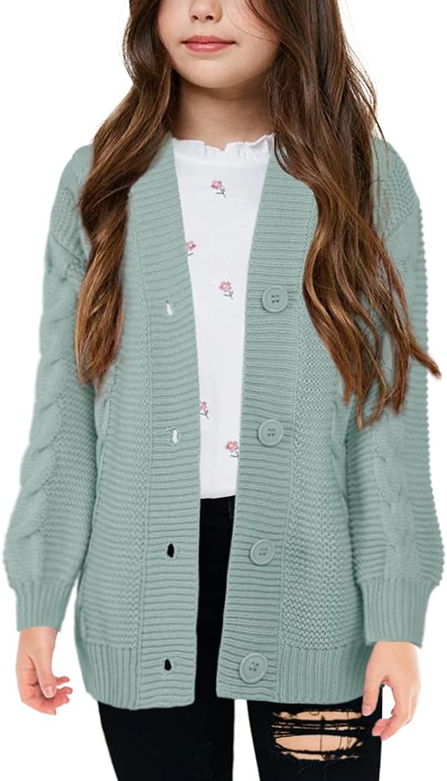Apbondy Girls Cable Knit Cardigans Button Down Long Sleeve Chunky Sweater Outerwear