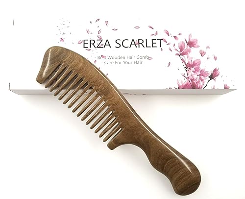 Miniatura 9 de Peine para el cabello Peine de dientes anchos de madera para cabello rizado desenredante Peine de sándalo verde