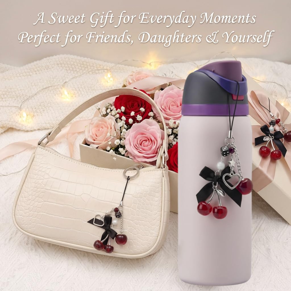 Black Cherry for Owala Water Bottle 16oz, 19oz, 24 oz, 32 oz, 40 oz, Black Red Cherry with Cute Cherries and Bow Pendant - Perfect Accessories for Owala Tumbler | for Owala FreeSip, Decor Gift
