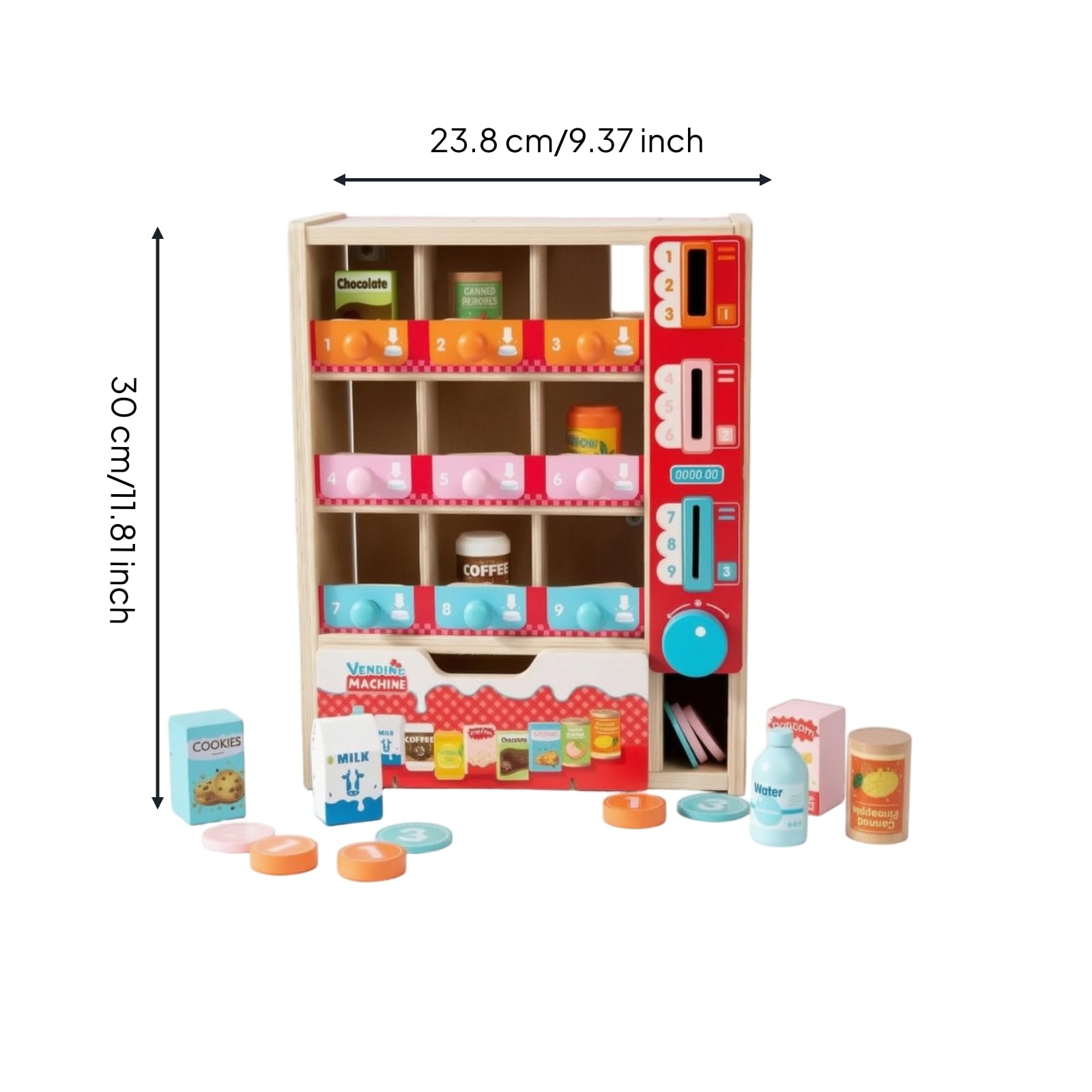 Kinder Verkaufsautomat Holz Spielautomat Snackspender Spielzeugautomat Inklusive Spielmarken Behälter Flasche Becher Schublade für Frontfächer für Rollenspiele Lernspiele Kinderzimmer