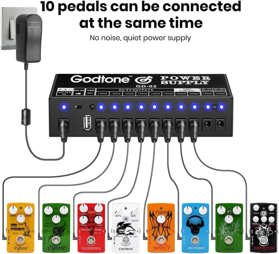 Godtone Guitar Pedal 10 DC Outputs for 9V 12V 18V Effect Pedal Power Supply with USB(5V2A) Port GD-02