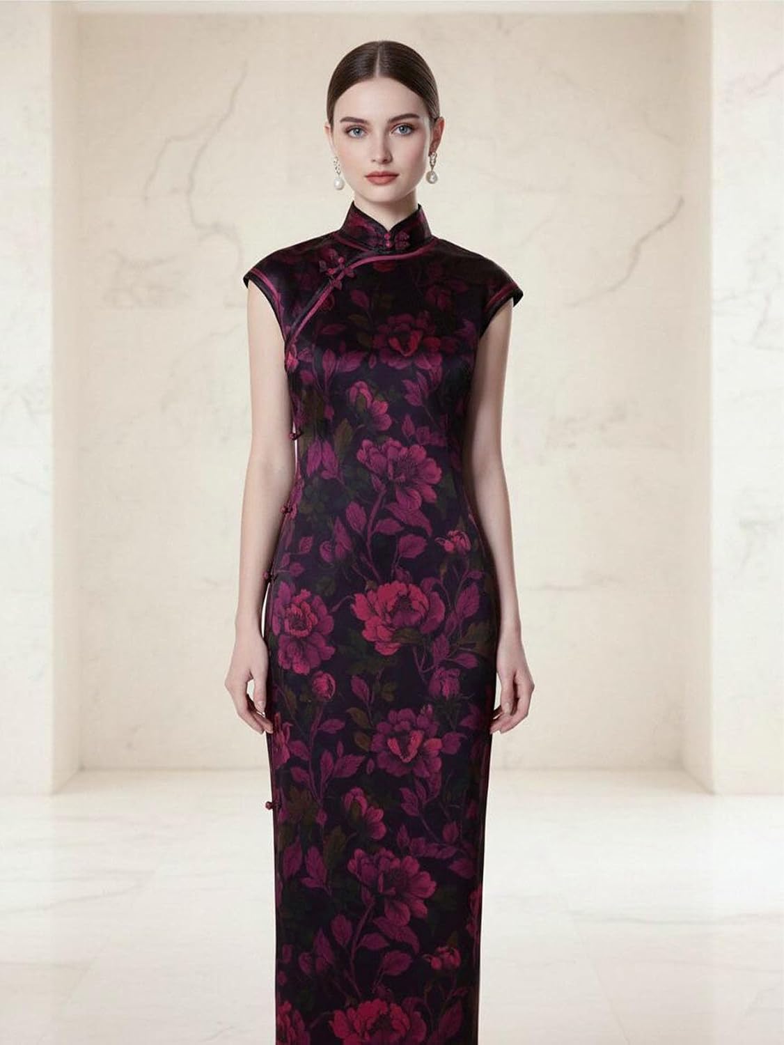 HangErFeng Heavy Silk Xiangyunsha Cheongsam Women Elegant Peony Print Dress Dark Purple 3986 image 2