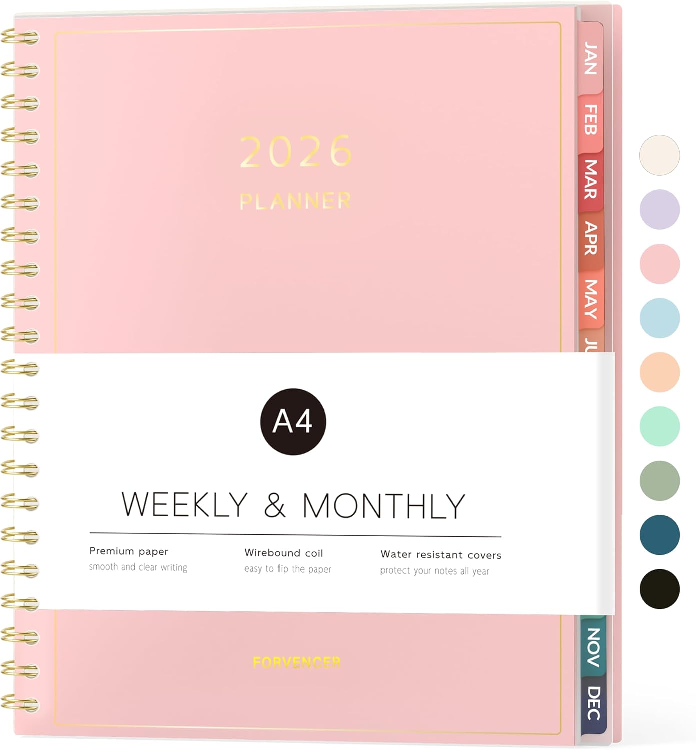Forvencer 2026 Pink Planner: Weekly Monthly Calendar Agenda, 8.5x11" Notebook with Tabs, No-Bleed Paper, Spiral Binding, Home School Organizer