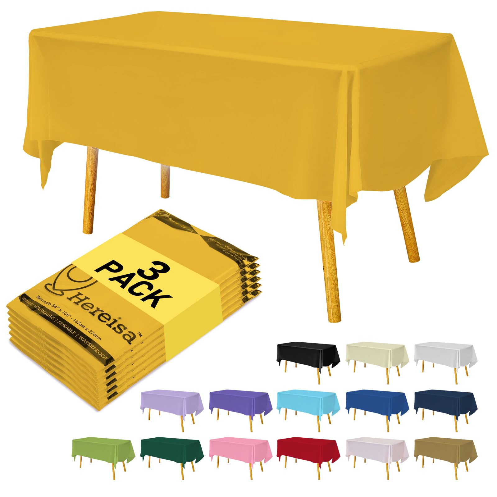 Hereisa Plastic Yellow Tablecloths 3 Pack Disposable Table Covers 54 in. x 108 in. Table Cloths Bridal Party Tablecovers for Parties Engagements