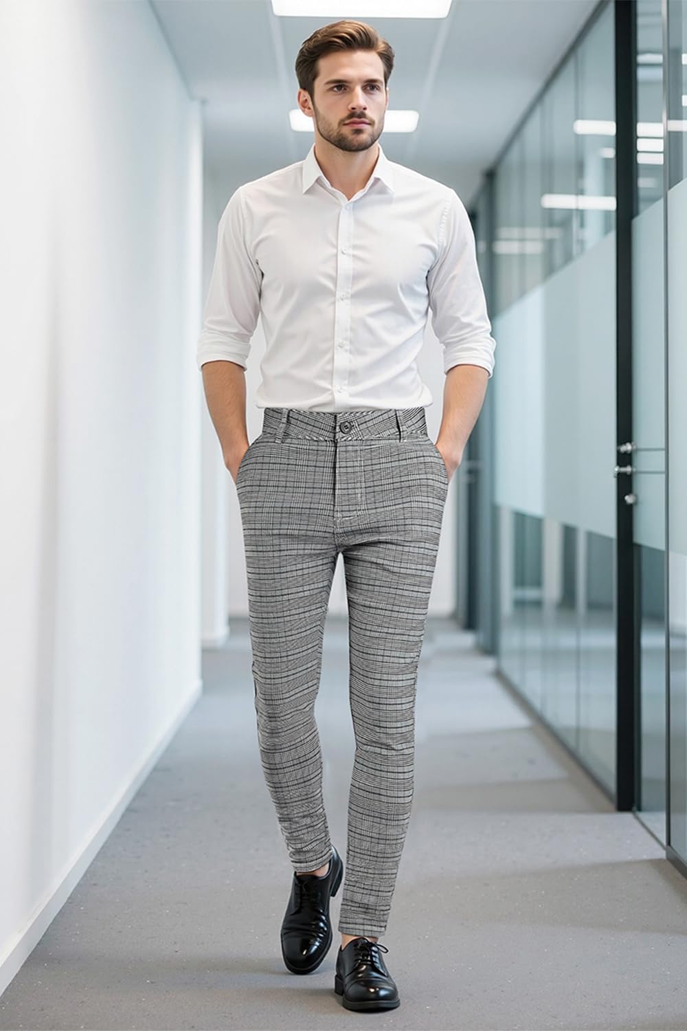 GINGTTO Mens Plaid Dress Pants Stretch Chino Pants Men Slim Fit - Image 7