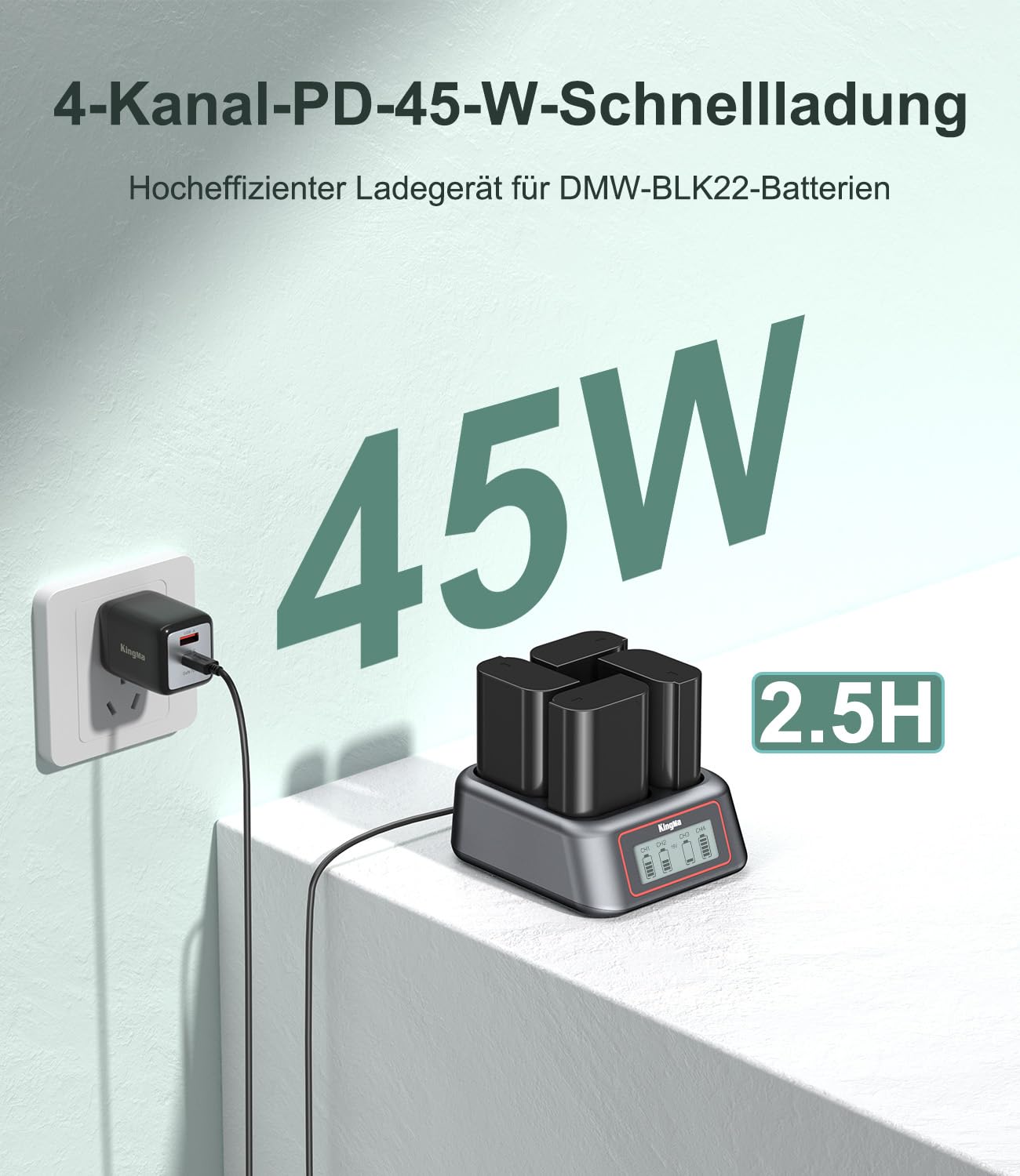 Caricabatterie King Ma DMW-BLK22, caricabatterie per fotocamera a 4 canali, ricarica rapida PD da 45 W con display LED, compatibile con Panasonic DMC-GH5/DMC-GH5S/GH6/DC-S5//DC-G9/DC-S5K/DC-S52X