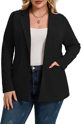 Womens Plus Size Blazers Long Sleeve Work Casual Open Front Blazer Button Suit Jacket with Pockets