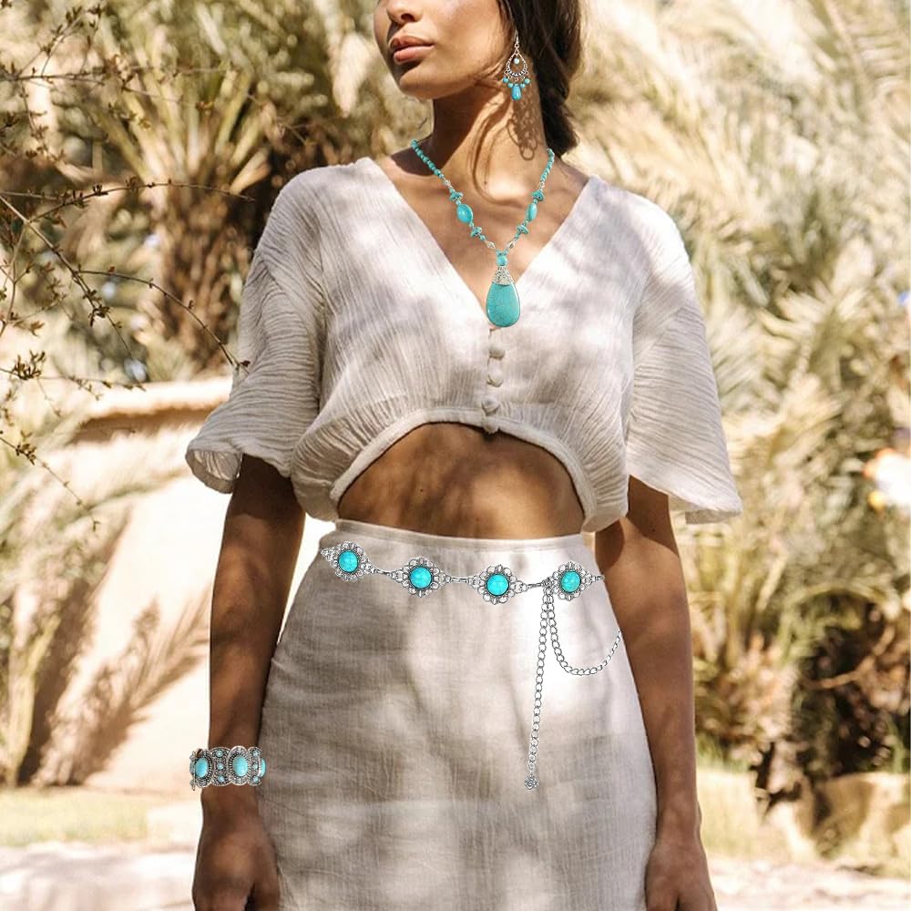 Bohemian Turquoise Necklace Set - Women's Western Jewelry with Long Choker, Pendant, Dangle Earrings, Layered Bracelets - Image 7