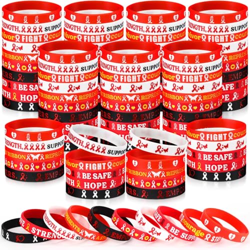 Wavwavw Heart Health Awareness Bracelets Bulk Red Ribbon Silicone Wristbands Drug Free Hiv Aids Heart Month Cancer Support Cause Gifts for Men Women Campaigns Fundraising Charity Events