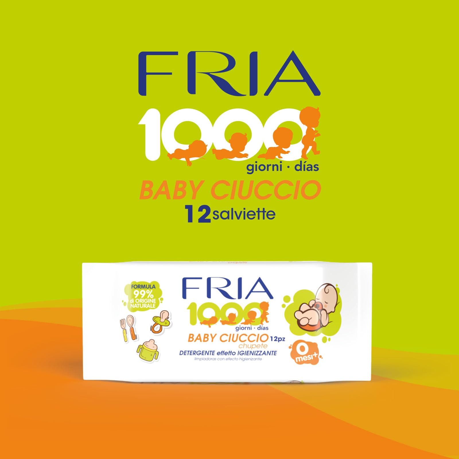 Fria Baby Ciuccio Salviette Pulisci Ciuccio Biberon Tettarelle Azione Igienizzante 99% Origine Naturale Confezione Borsa 12 Salviette