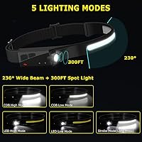 Vista 2 de Linterna frontal recargable, 5 unidades, lámpara de cabeza de haz ancho de 230°, linterna LED con sensor de movimiento, faros delanteros de 5 modos