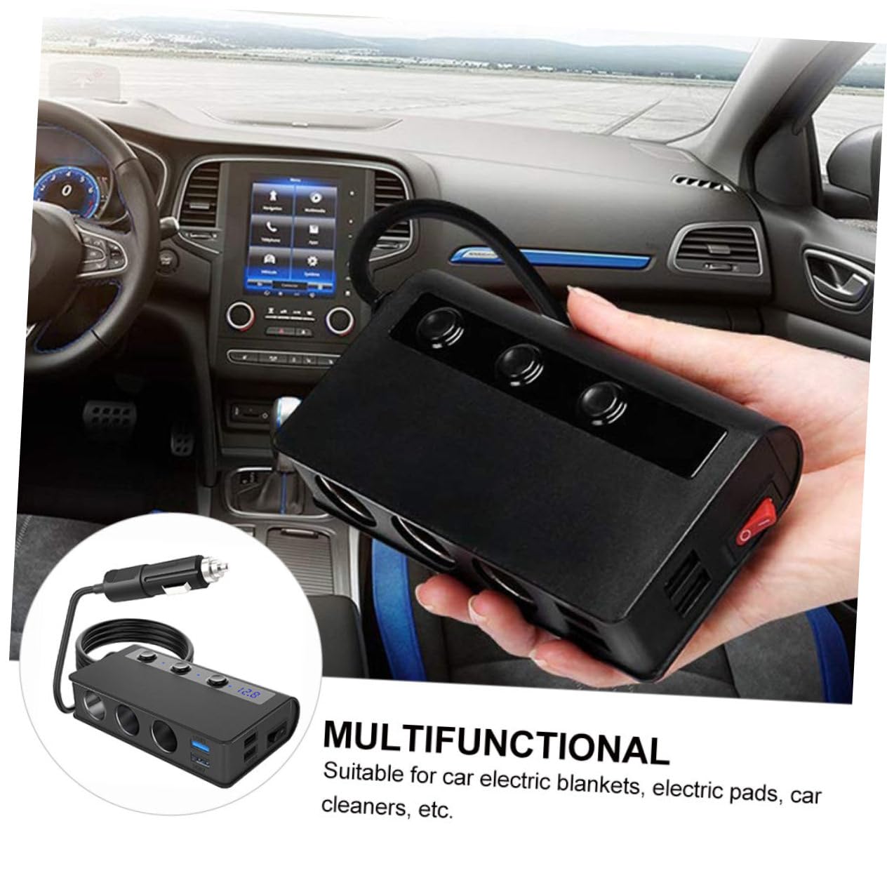 Cargador de Coche de 180 W 4 Puertos USB y 3 Tomas para Mechero, Indicador Led, para Móvil y Mp3