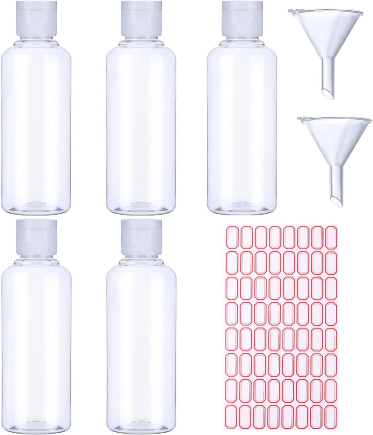 5 Pack 100ml Plastic Bottle with 2 Small Funnel and 64 Sheets Free Labels, Transparent Plastic Air Flight Travel Bottle Set with Small Funnel for Flight, Airport, Vacation