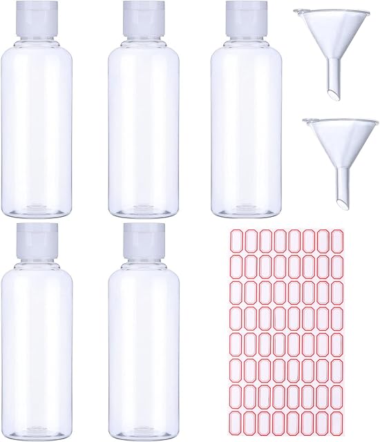 Voarge 5 Pack 100ml Plastic Bottle with 2 Small Funnel and 64 Sheets Free Labels, Transparent Plastic Air Flight Travel Bottle Set with Small Funnel for Flight, Airport, Vacation